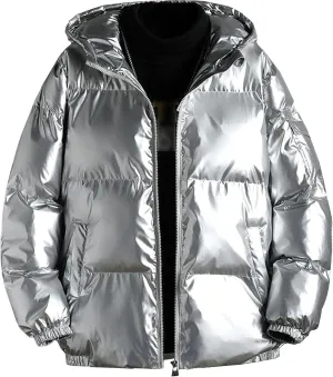 Maiyifu-GJ Men's Hooded Winter Puffer Jacket Fashion Full Zip Down Padded Coat Casual Metallic Shiny Short Down Coats