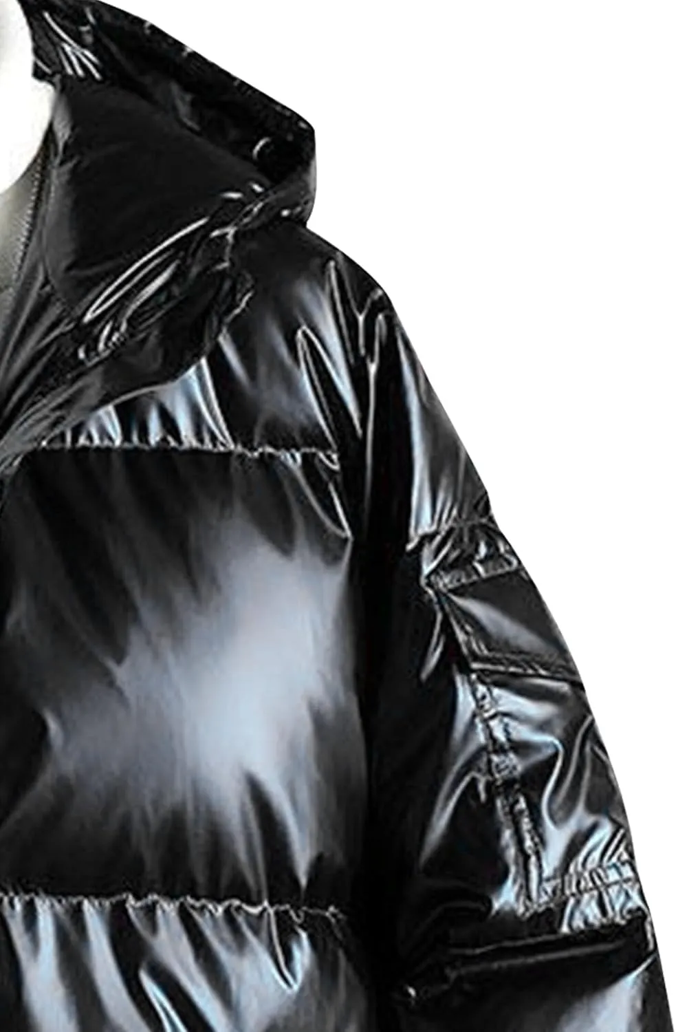 Maiyifu-GJ Men's Hooded Winter Puffer Jacket Fashion Full Zip Down Padded Coat Casual Metallic Shiny Short Down Coats