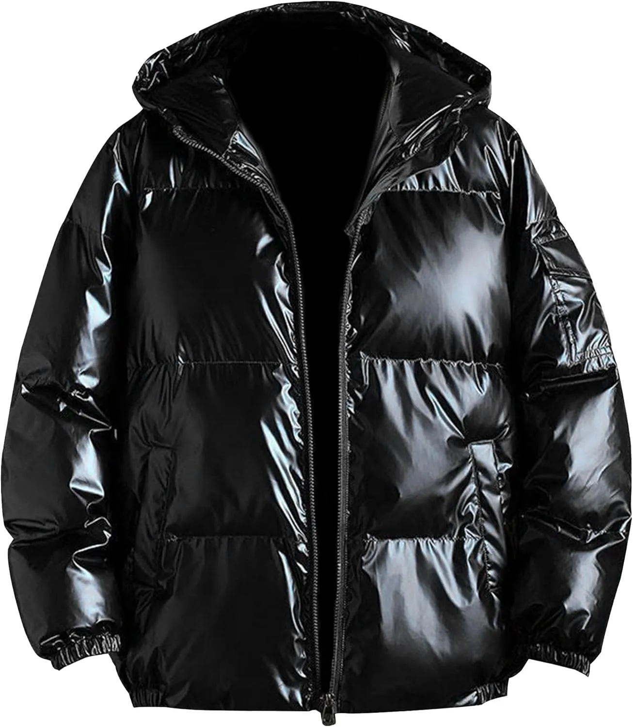 Maiyifu-GJ Men's Hooded Winter Puffer Jacket Fashion Full Zip Down Padded Coat Casual Metallic Shiny Short Down Coats