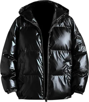 Maiyifu-GJ Men's Hooded Winter Puffer Jacket Fashion Full Zip Down Padded Coat Casual Metallic Shiny Short Down Coats