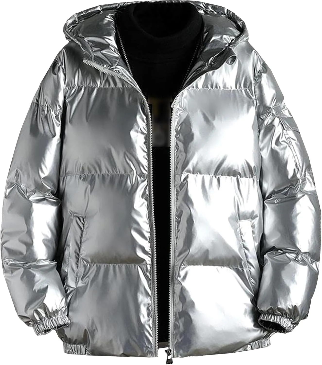 Maiyifu-GJ Men's Hooded Winter Puffer Jacket Fashion Full Zip Down Padded Coat Casual Metallic Shiny Short Down Coats