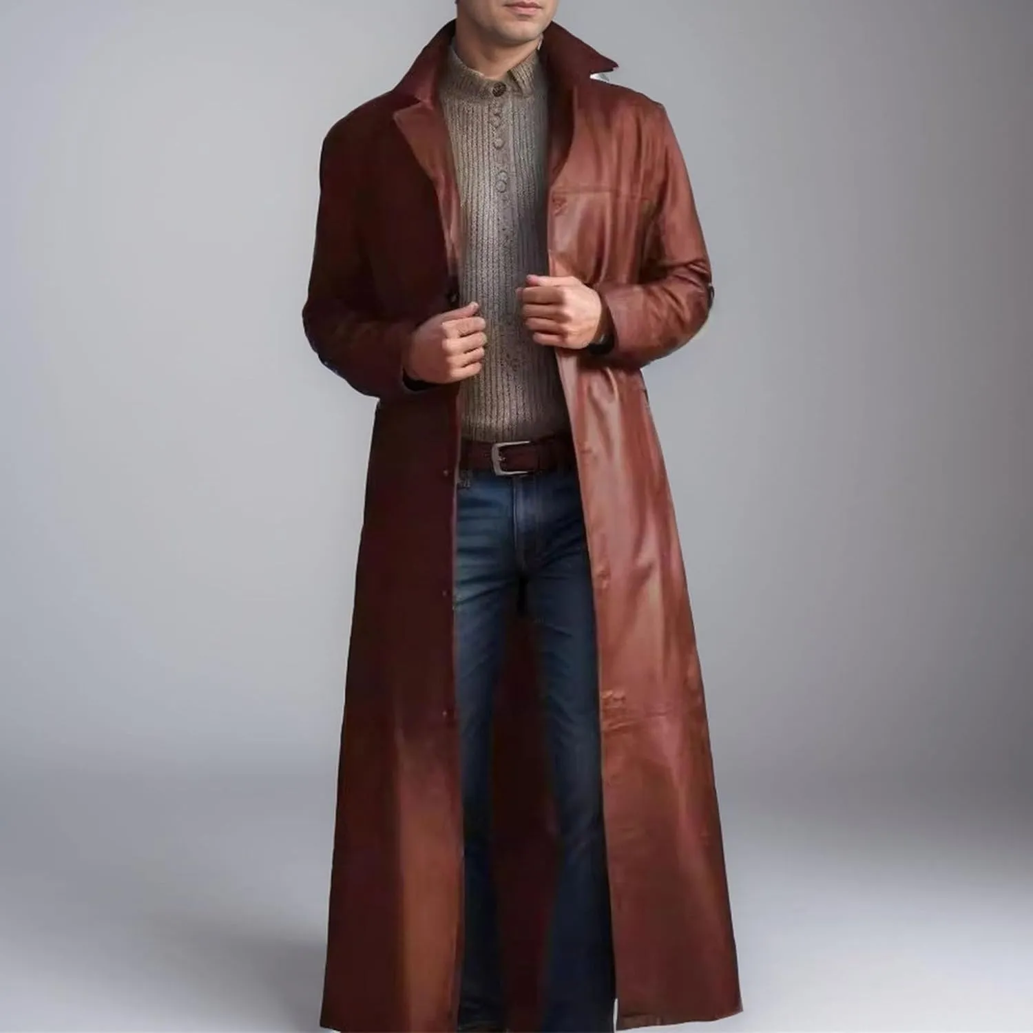 Maiyifu-GJ Men's Leather Trench Coat Full Length Vintage Faux Leather Jackets Overcoat Fashion Motorcycle Long Jacket