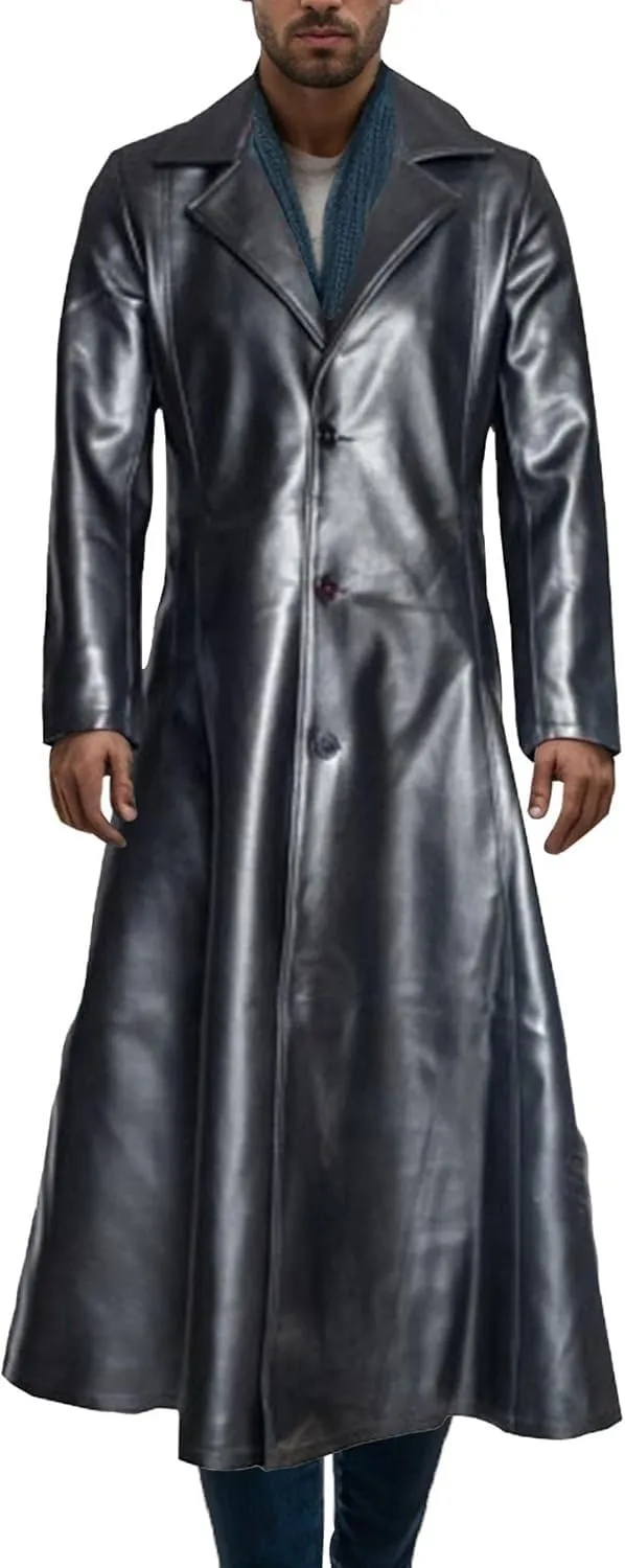 Maiyifu-GJ Men's Leather Trench Coat Full Length Vintage Faux Leather Jackets Overcoat Fashion Motorcycle Long Jacket