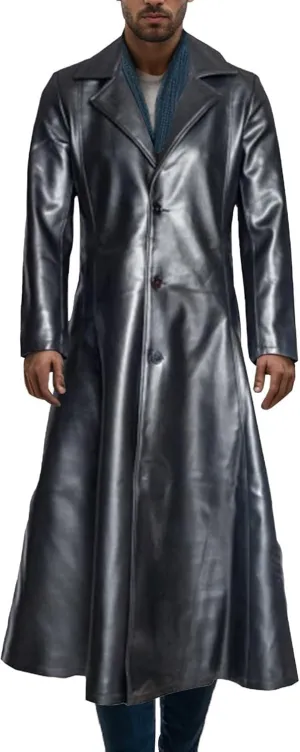 Maiyifu-GJ Men's Leather Trench Coat Full Length Vintage Faux Leather Jackets Overcoat Fashion Motorcycle Long Jacket