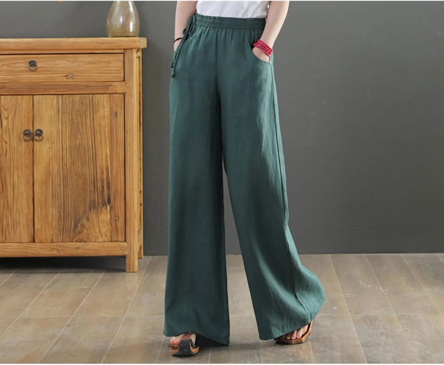 Maiyifu-GJ Women Casual Cotton Linen Baggy Pants Relaxed Fit Soft Comfy Wide Leg Trousers Drawstring High Waist Loose Pant