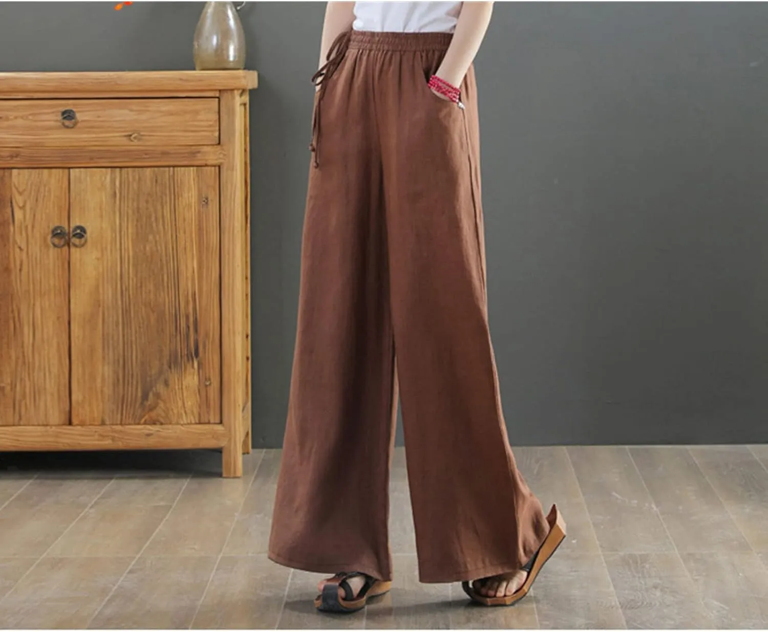 Maiyifu-GJ Women Casual Cotton Linen Baggy Pants Relaxed Fit Soft Comfy Wide Leg Trousers Drawstring High Waist Loose Pant