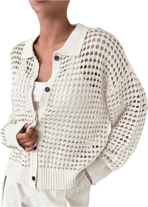MakeMeChic Women's Collared Hollow Out Button Down Cardigan Sweater Long Sleeve Drop Shoulder Outerwear