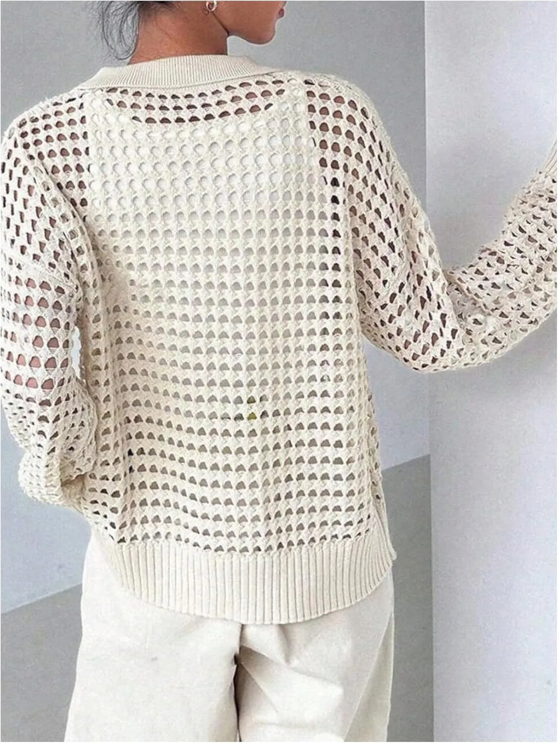 MakeMeChic Women's Collared Hollow Out Button Down Cardigan Sweater Long Sleeve Drop Shoulder Outerwear