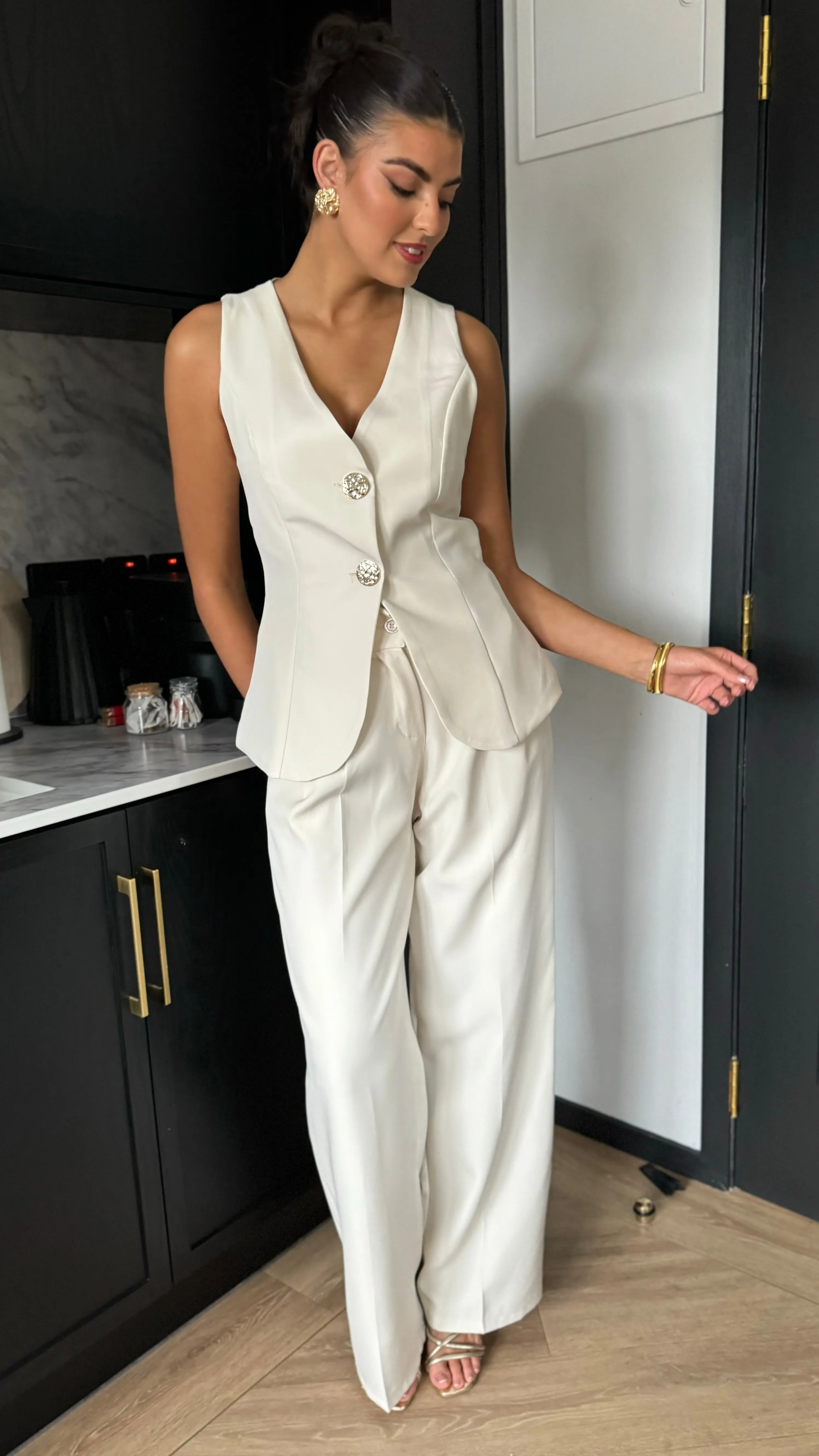 Mariana Beige Straight Leg Trousers & Waistcoat Co Ord