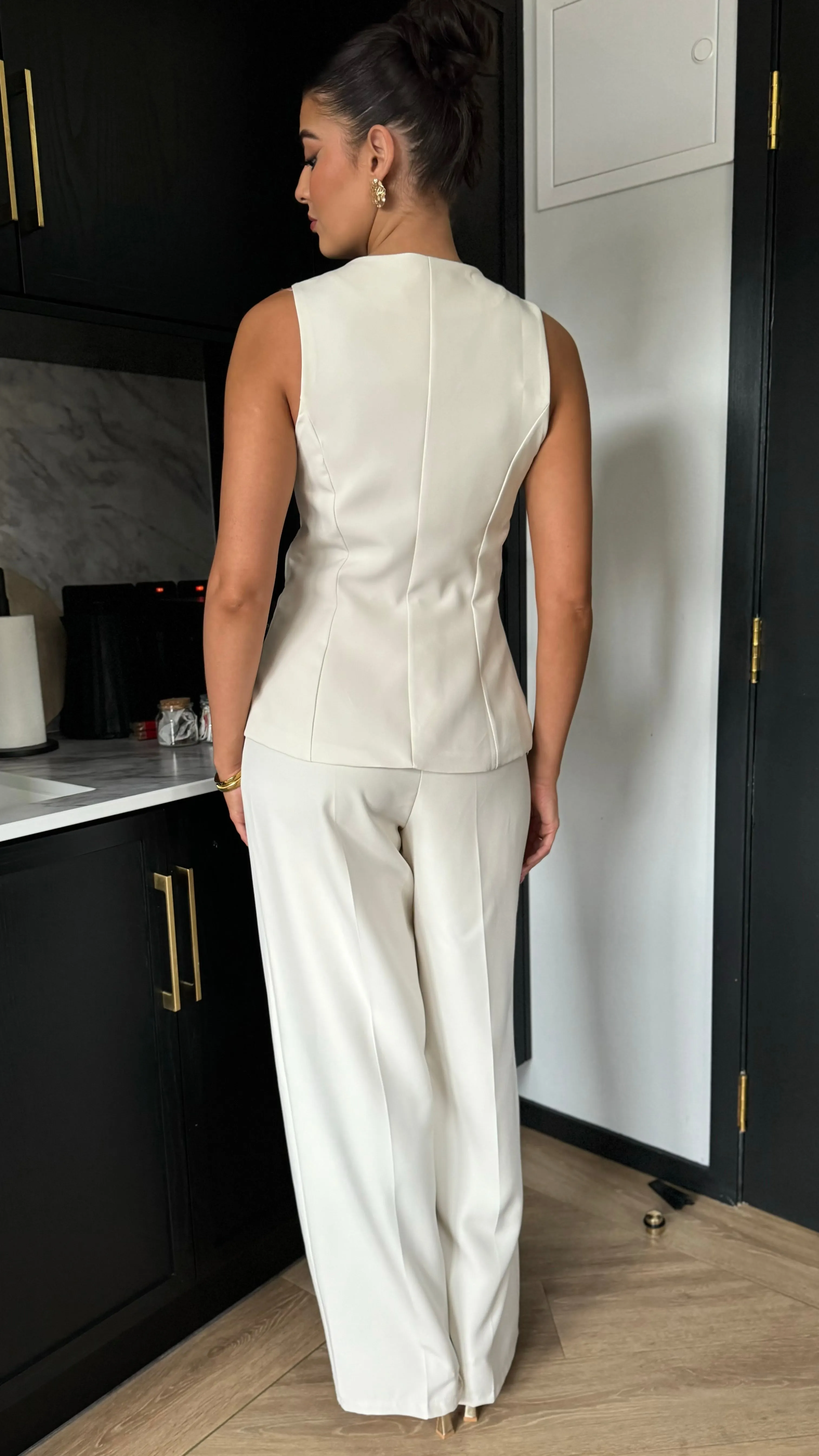 Mariana Beige Straight Leg Trousers & Waistcoat Co Ord