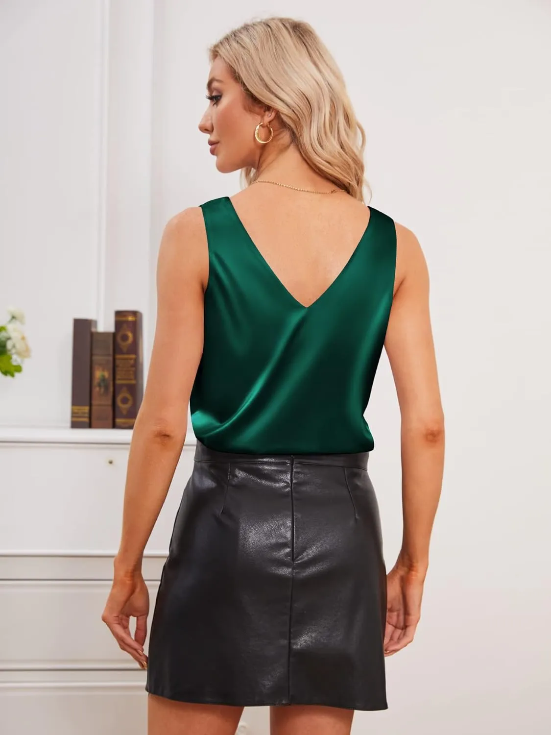 Mawor Satin Tank Tops for Women Loose Fit Sleeveless V Neck Cami Camisole Blouses Shirt Top