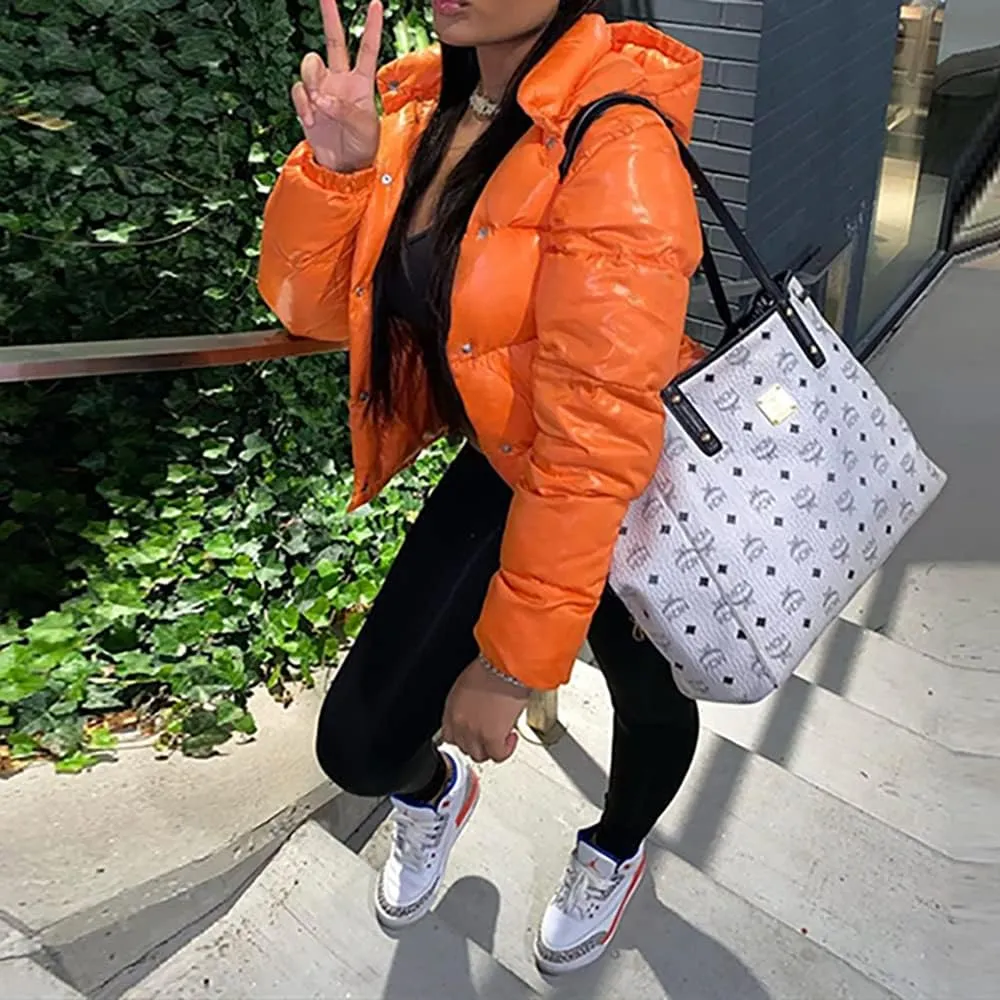 Mayntop Women Jacket Coat Hooded Cotton Padded Fill Solid Color Plain Puffer Plus Size Snap-Button Zipper Warm Outerwear