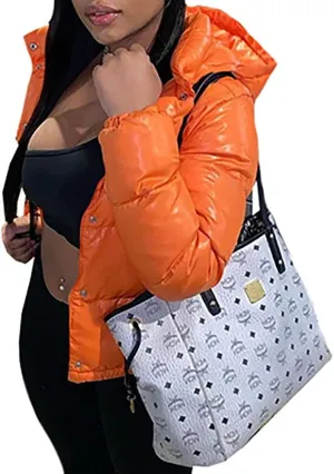 Mayntop Women Jacket Coat Hooded Cotton Padded Fill Solid Color Plain Puffer Plus Size Snap-Button Zipper Warm Outerwear