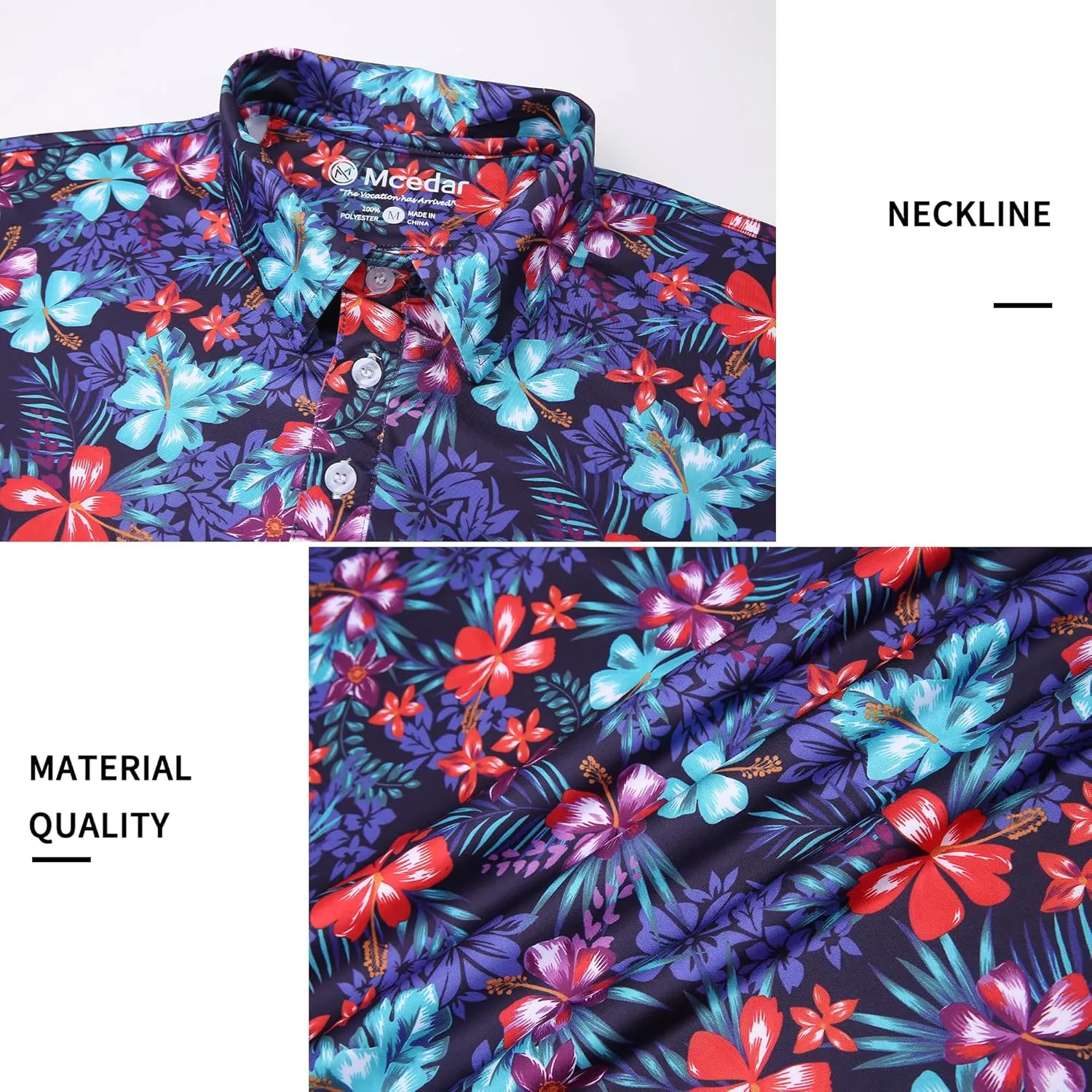 MCEDAR Mens Golf Polo Shirts Dry Fit Short Sleeve Performance Moisture Wicking Hawaiian Floral Print Casual Shirt S-3XL