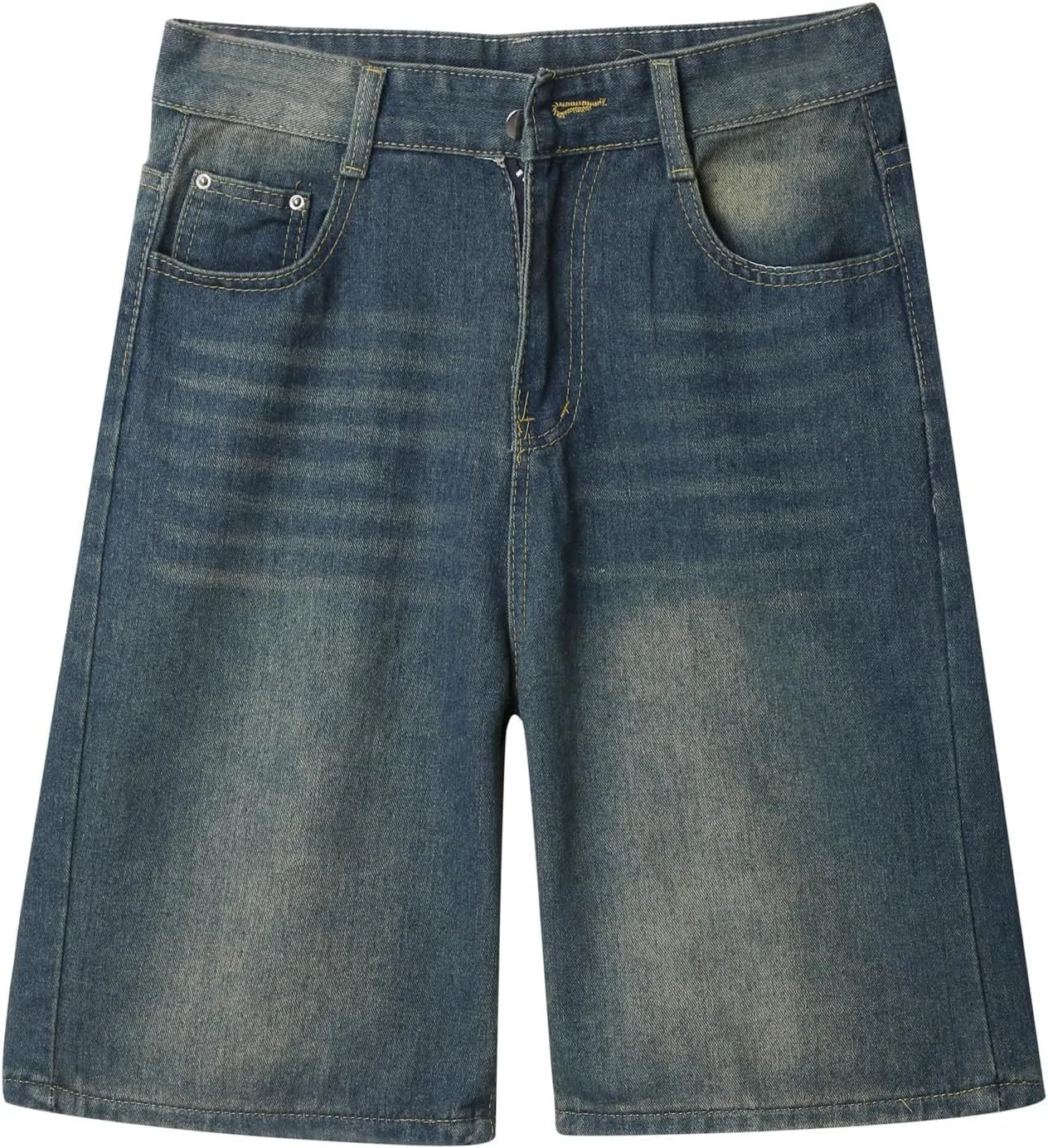Mens Baggy Denim Jorts Y2K Grunge Loose Hip Hop Jean Shorts Wide Leg Mid Jeans Streetwear with Pockets