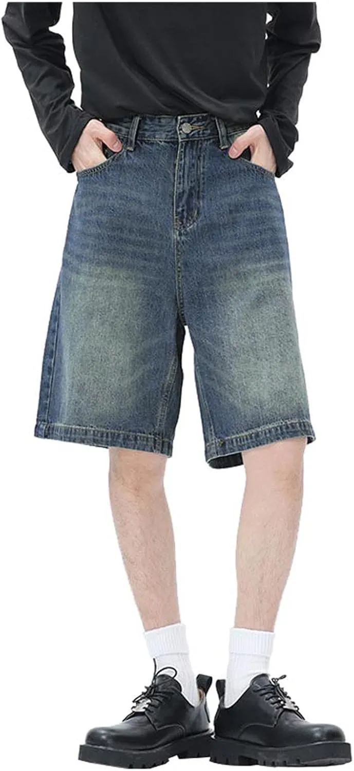 Mens Baggy Denim Jorts Y2K Grunge Loose Hip Hop Jean Shorts Wide Leg Mid Jeans Streetwear with Pockets