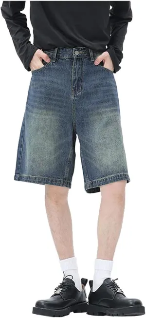 Mens Baggy Denim Jorts Y2K Grunge Loose Hip Hop Jean Shorts Wide Leg Mid Jeans Streetwear with Pockets