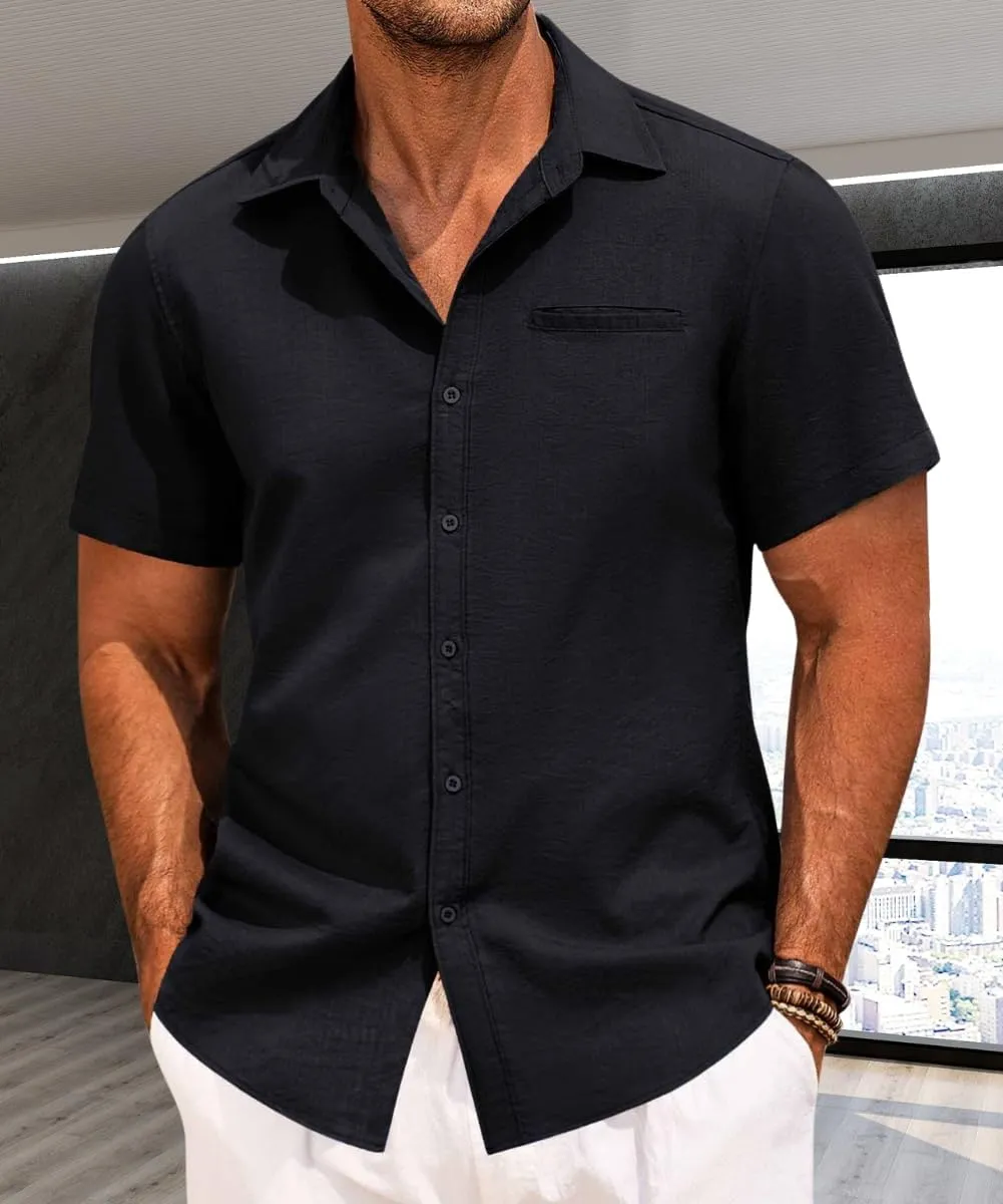 Mens Casual Button Down Shirt Short Sleeve V Neck Tops 2025 Summer Vacation Beach Blouses Shirts
