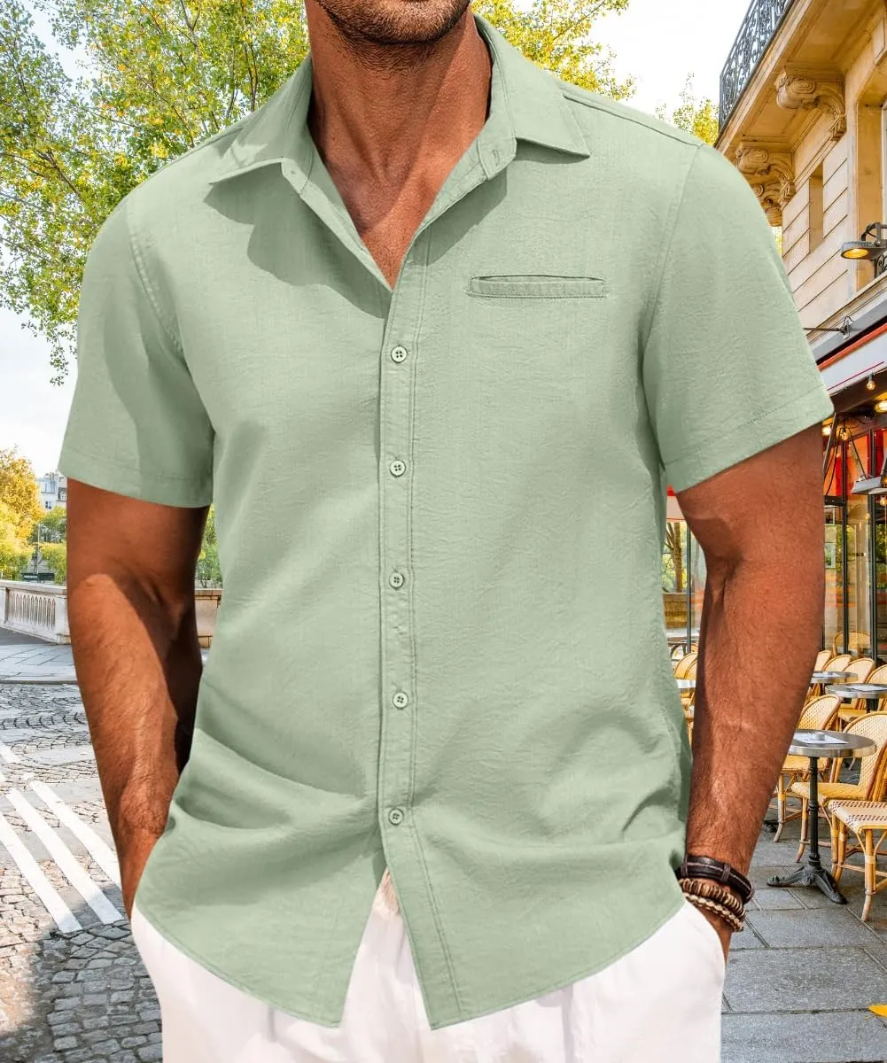 Mens Casual Button Down Shirt Short Sleeve V Neck Tops 2025 Summer Vacation Beach Blouses Shirts