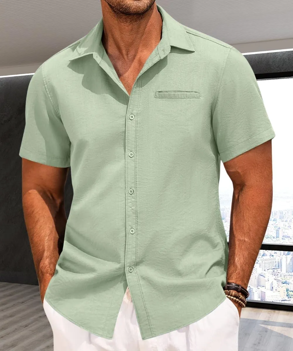 Mens Casual Button Down Shirt Short Sleeve V Neck Tops 2025 Summer Vacation Beach Blouses Shirts
