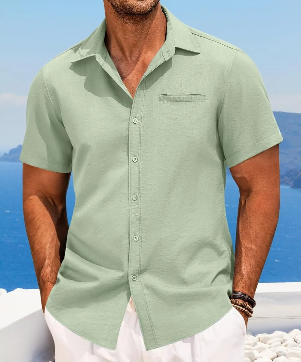 Mens Casual Button Down Shirt Short Sleeve V Neck Tops 2025 Summer Vacation Beach Blouses Shirts