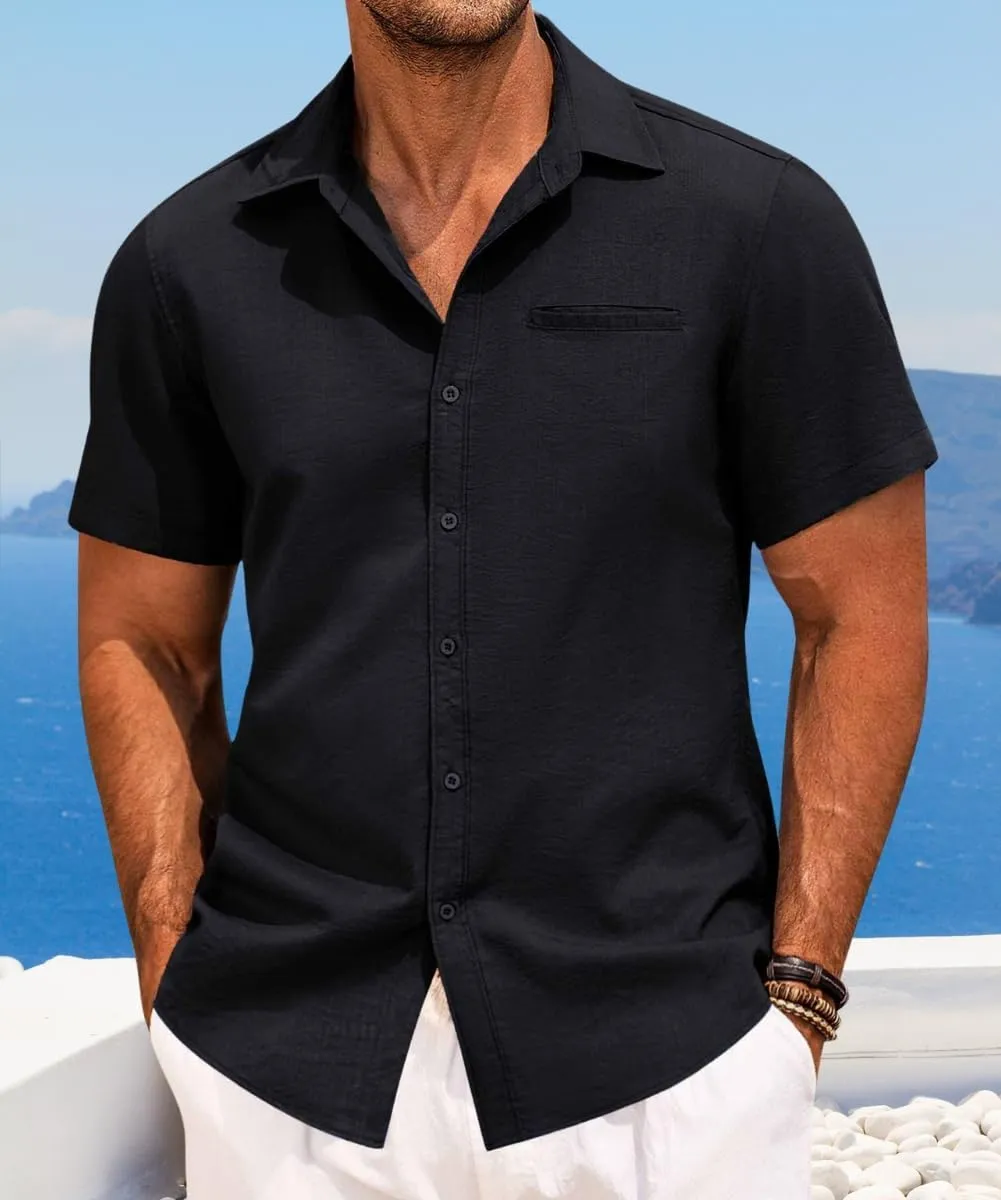 Mens Casual Button Down Shirt Short Sleeve V Neck Tops 2025 Summer Vacation Beach Blouses Shirts
