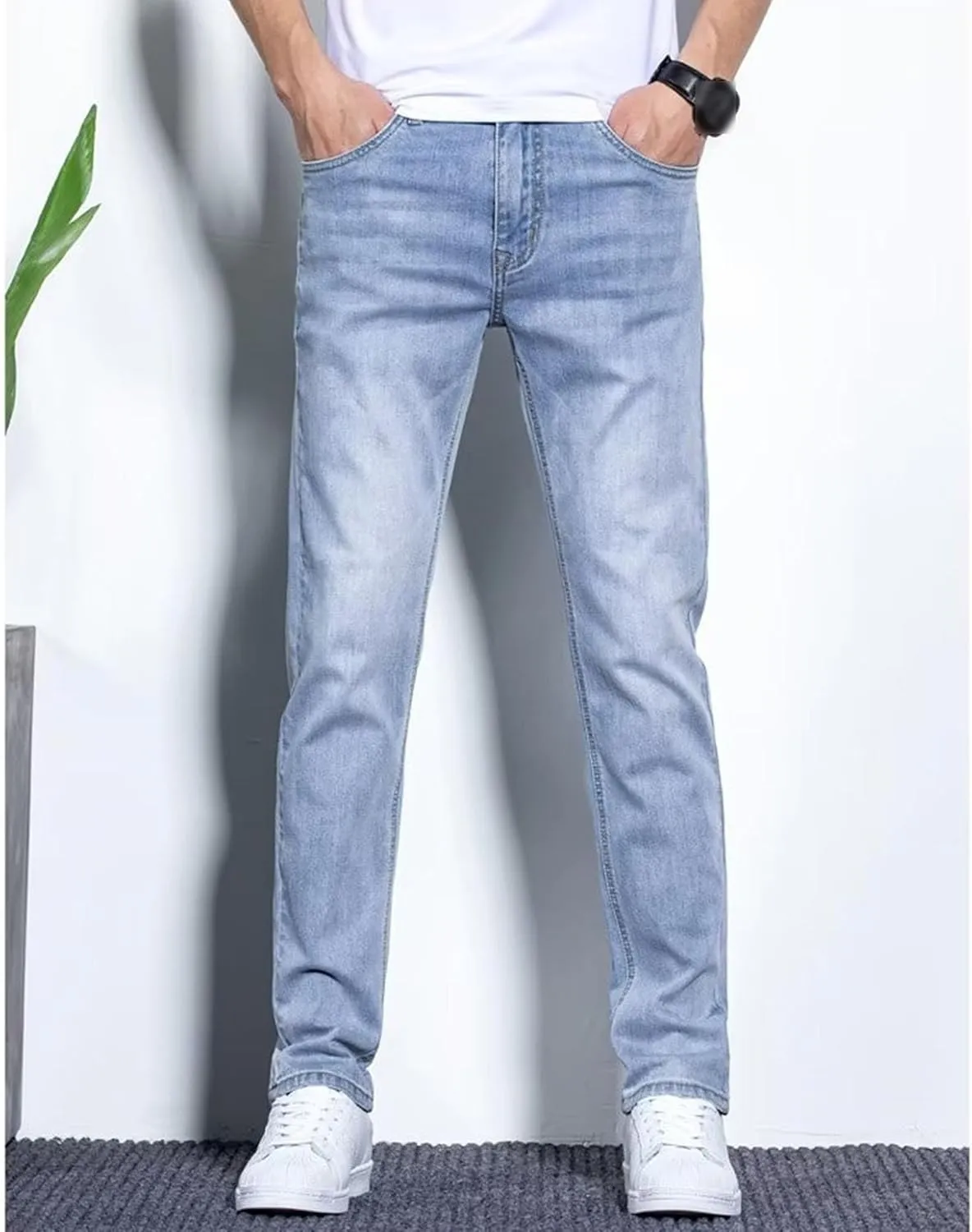 Men's Casual Comfort Basic Jeans Straight Leg Stretch Solid Denim Pants Slim Fit Classic Jeans Trouser
