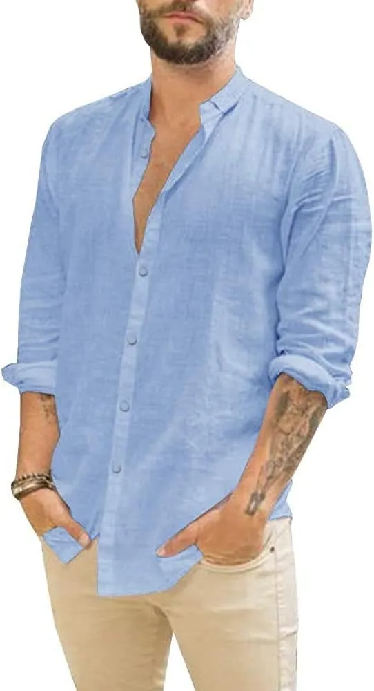 Mens Casual Long Sleeve Cotton Linen Shirts Buttons Down Solid Plain Roll-Up Sleeve Summer Beach Shirts