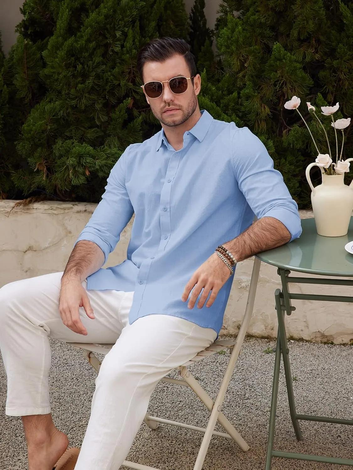 Mens Casual Long Sleeve Cotton Linen Shirts Buttons Down Solid Plain Roll-Up Sleeve Summer Beach Shirts