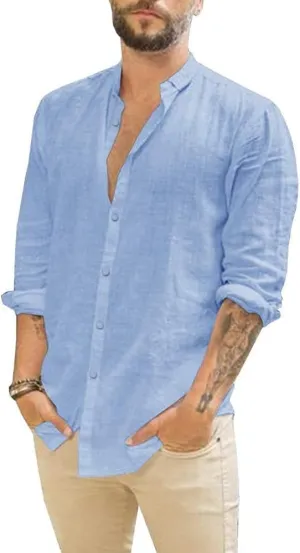 Mens Casual Long Sleeve Cotton Linen Shirts Buttons Down Solid Plain Roll-Up Sleeve Summer Beach Shirts