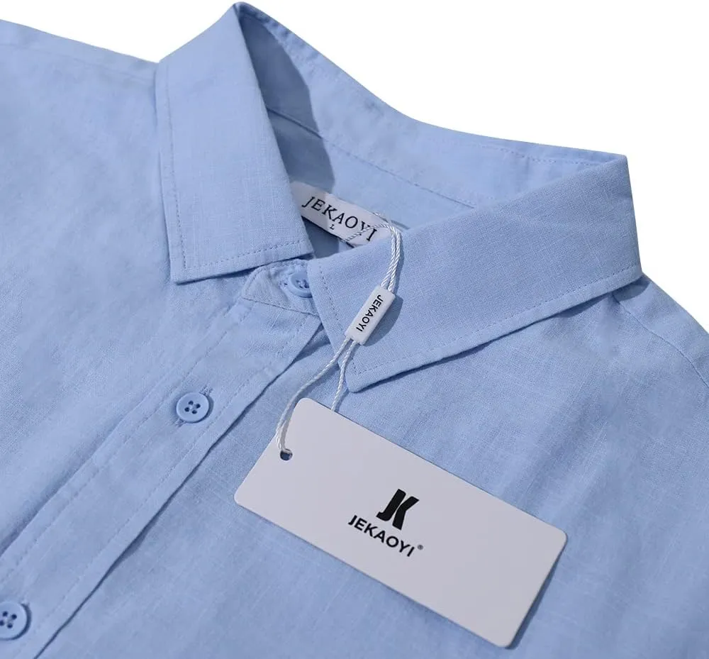 Mens Casual Long Sleeve Cotton Linen Shirts Buttons Down Solid Plain Roll-Up Sleeve Summer Beach Shirts