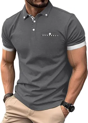 Mens Casual Short Sleeve Summer Polos Plaid Patchwork Fashion Cotton Slim T-Shirt Golf Tennis Top