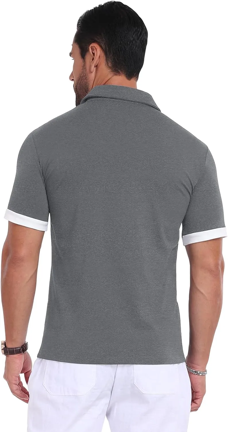 Mens Casual Short Sleeve Summer Polos Plaid Patchwork Fashion Cotton Slim T-Shirt Golf Tennis Top