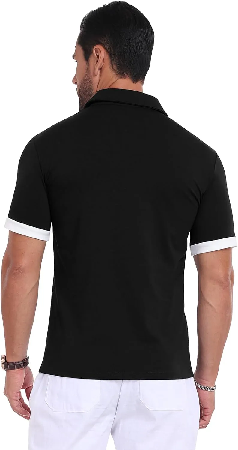 Mens Casual Short Sleeve Summer Polos Plaid Patchwork Fashion Cotton Slim T-Shirt Golf Tennis Top