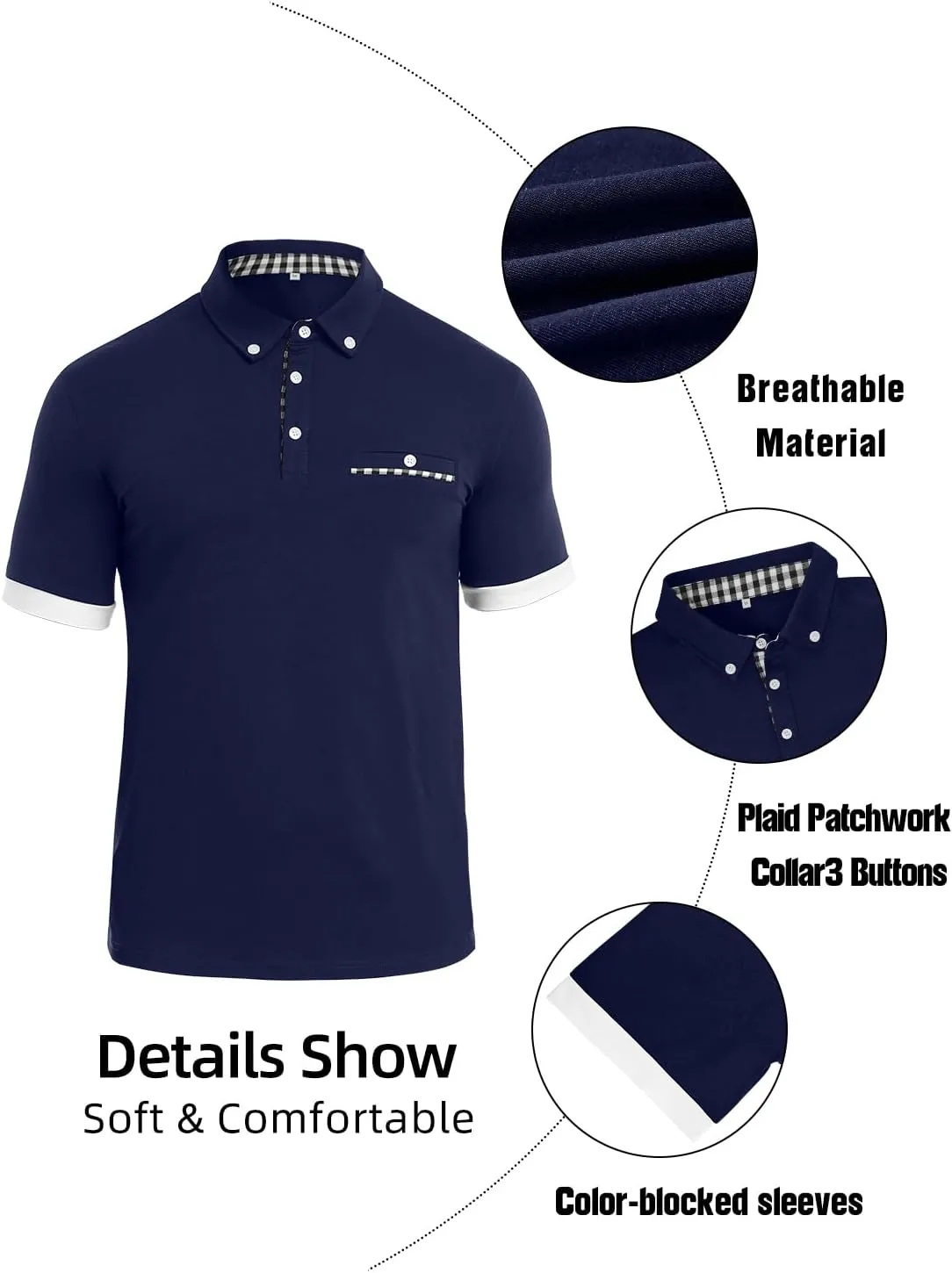 Mens Casual Short Sleeve Summer Polos Plaid Patchwork Fashion Cotton Slim T-Shirt Golf Tennis Top