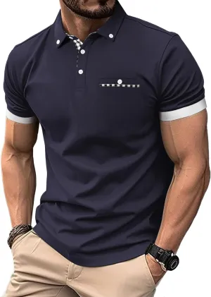Mens Casual Short Sleeve Summer Polos Plaid Patchwork Fashion Cotton Slim T-Shirt Golf Tennis Top
