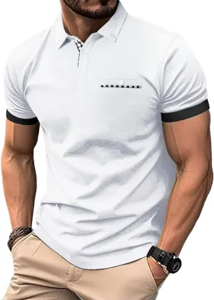 Mens Casual Short Sleeve Summer Polos Plaid Patchwork Fashion Cotton Slim T-Shirt Golf Tennis Top