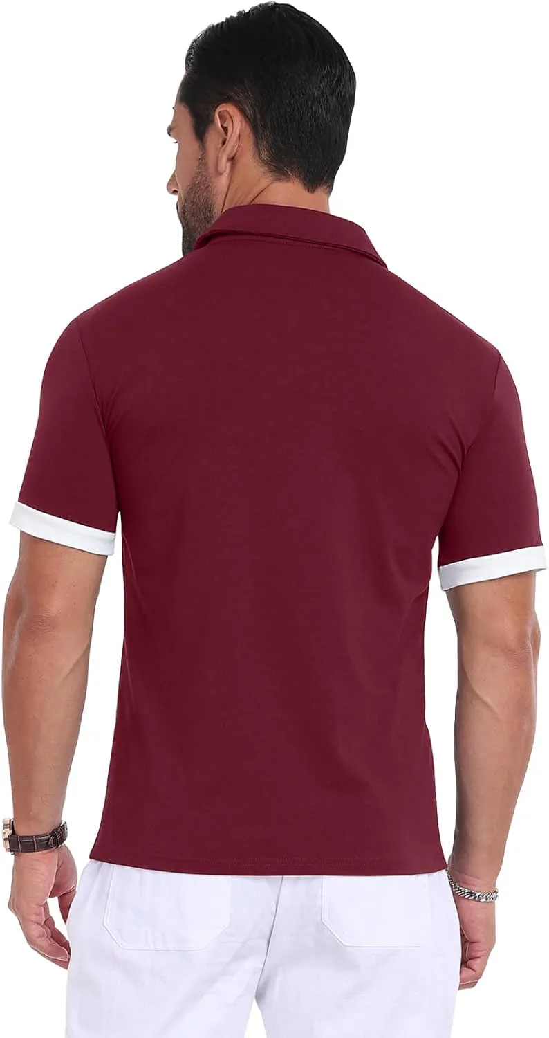Mens Casual Short Sleeve Summer Polos Plaid Patchwork Fashion Cotton Slim T-Shirt Golf Tennis Top