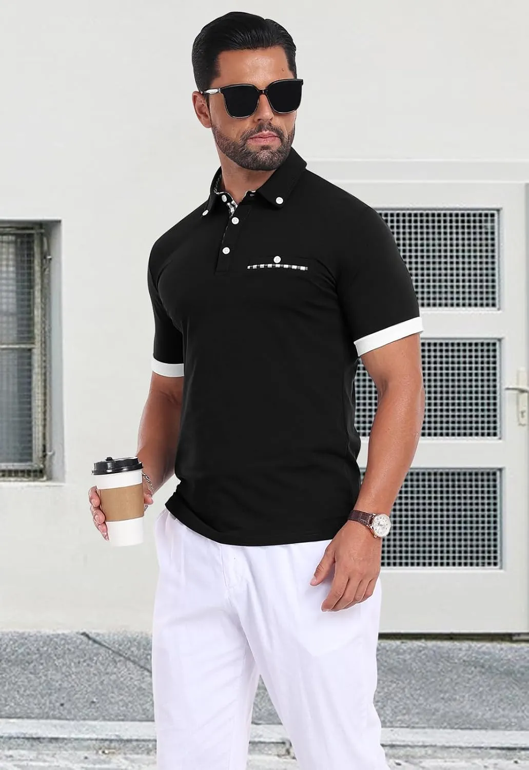 Mens Casual Short Sleeve Summer Polos Plaid Patchwork Fashion Cotton Slim T-Shirt Golf Tennis Top