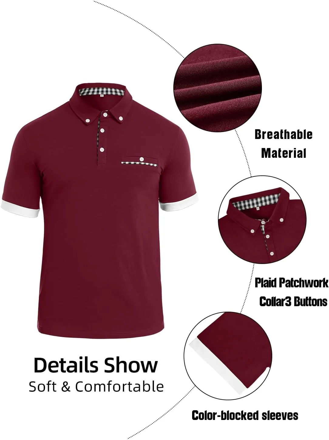 Mens Casual Short Sleeve Summer Polos Plaid Patchwork Fashion Cotton Slim T-Shirt Golf Tennis Top