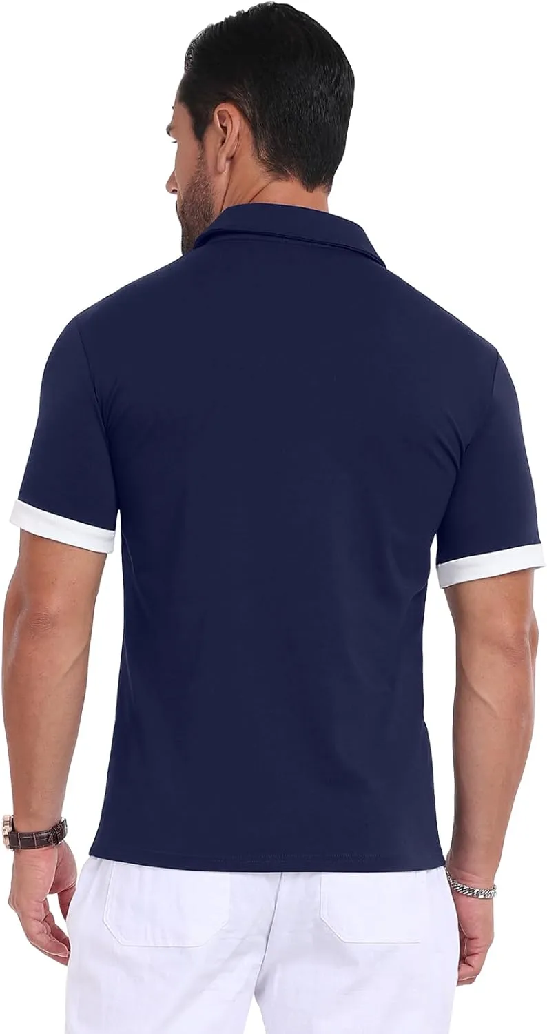 Mens Casual Short Sleeve Summer Polos Plaid Patchwork Fashion Cotton Slim T-Shirt Golf Tennis Top