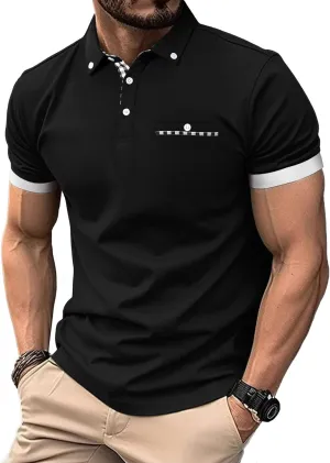 Mens Casual Short Sleeve Summer Polos Plaid Patchwork Fashion Cotton Slim T-Shirt Golf Tennis Top