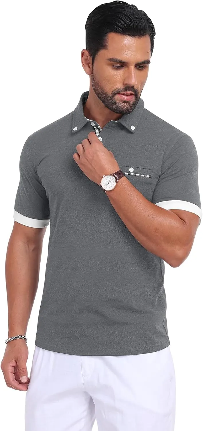 Mens Casual Short Sleeve Summer Polos Plaid Patchwork Fashion Cotton Slim T-Shirt Golf Tennis Top