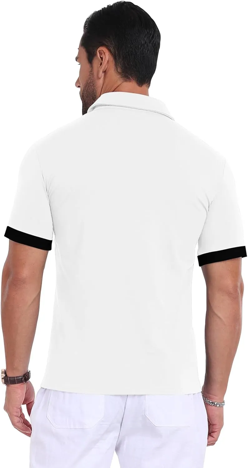 Mens Casual Short Sleeve Summer Polos Plaid Patchwork Fashion Cotton Slim T-Shirt Golf Tennis Top
