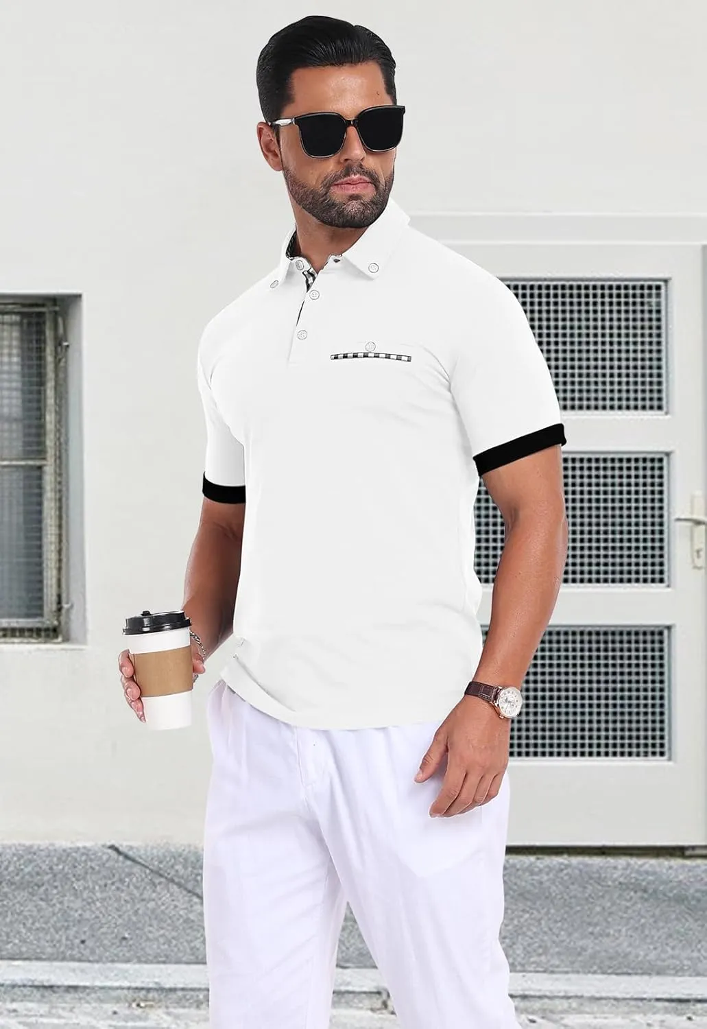 Mens Casual Short Sleeve Summer Polos Plaid Patchwork Fashion Cotton Slim T-Shirt Golf Tennis Top