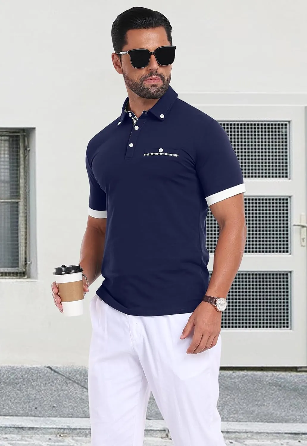 Mens Casual Short Sleeve Summer Polos Plaid Patchwork Fashion Cotton Slim T-Shirt Golf Tennis Top