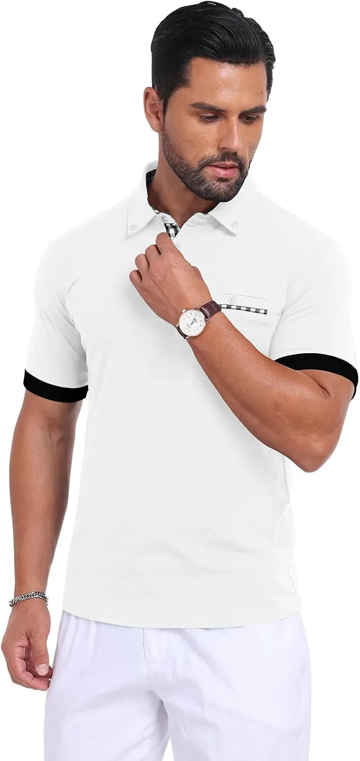 Mens Casual Short Sleeve Summer Polos Plaid Patchwork Fashion Cotton Slim T-Shirt Golf Tennis Top