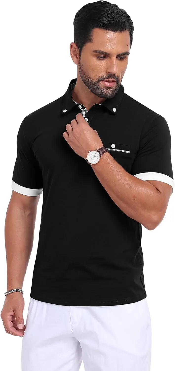 Mens Casual Short Sleeve Summer Polos Plaid Patchwork Fashion Cotton Slim T-Shirt Golf Tennis Top