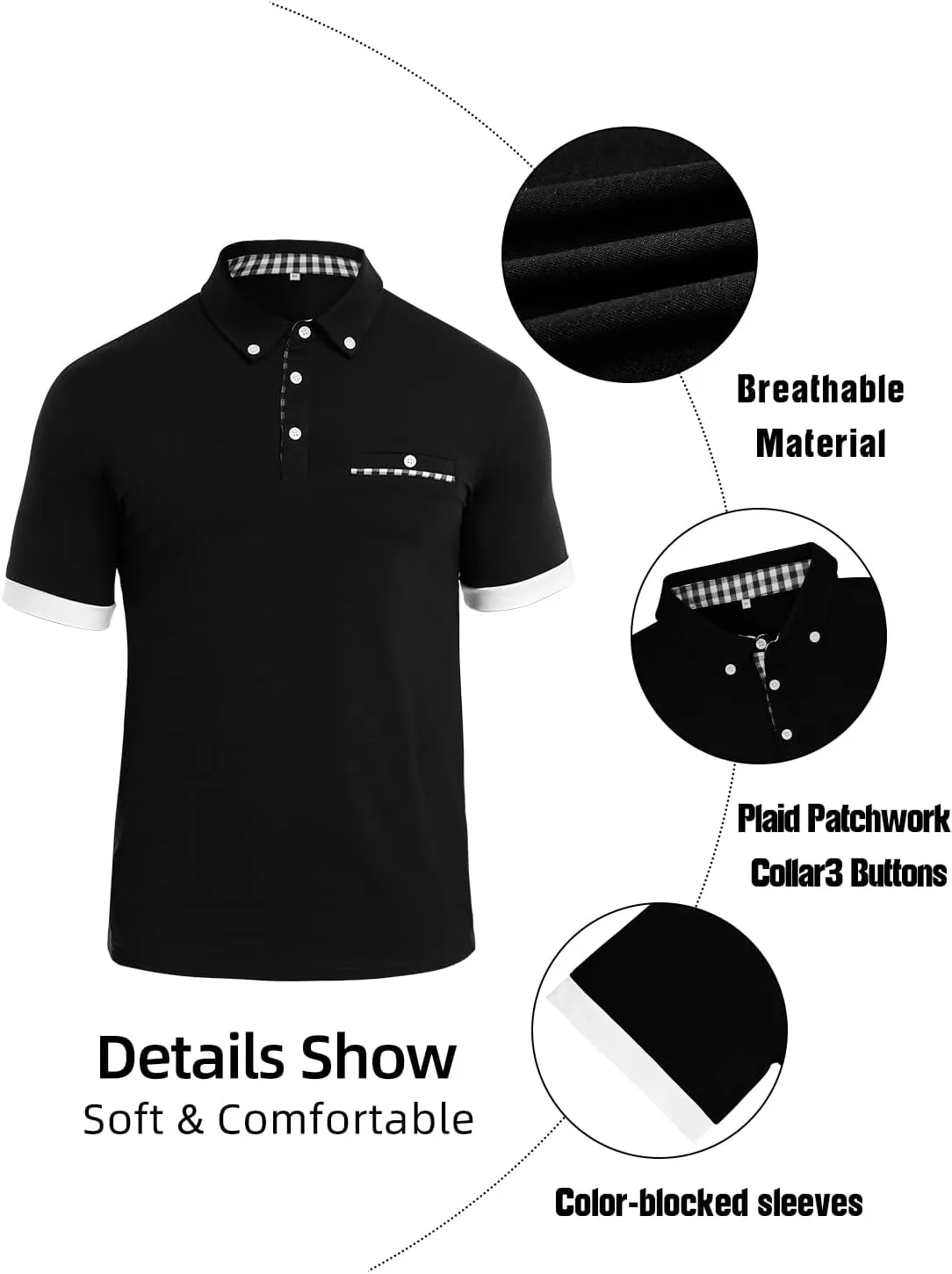 Mens Casual Short Sleeve Summer Polos Plaid Patchwork Fashion Cotton Slim T-Shirt Golf Tennis Top