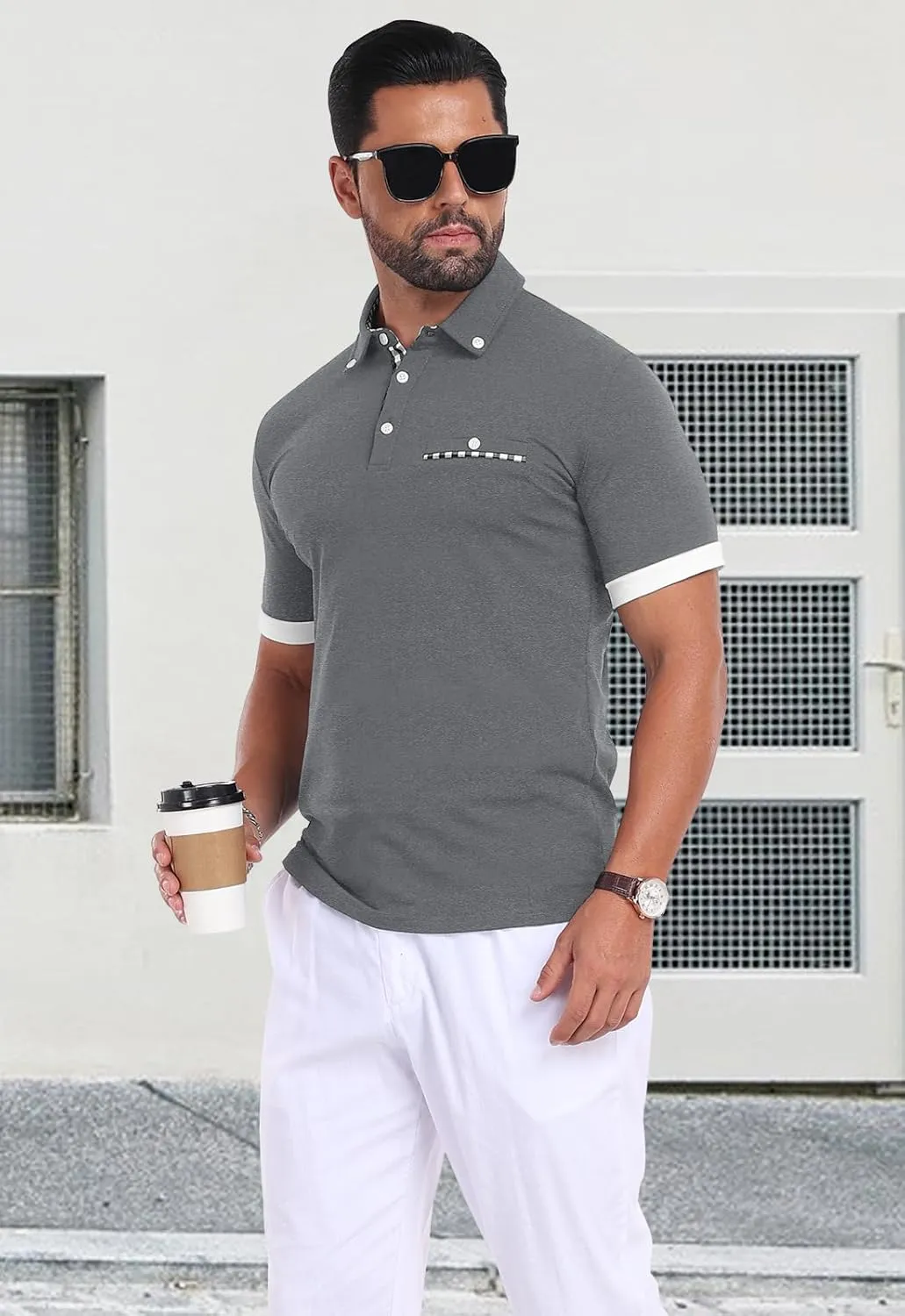 Mens Casual Short Sleeve Summer Polos Plaid Patchwork Fashion Cotton Slim T-Shirt Golf Tennis Top